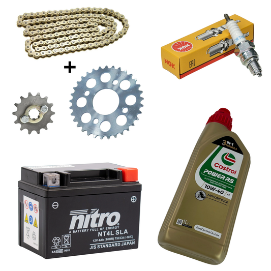 Kit d'entretien complète - Batterie 12 volts, bougie CR7HSA, bidon d'huile 10W-40, chaîne et pignons