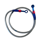 Stahlflex-Bremsleitung 92 cm – mit blau/rot eloxierten Banjo-Anschlüssen.