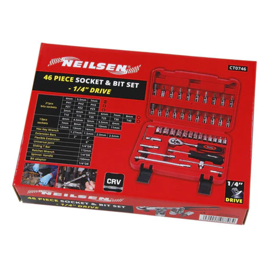 Neilsen - 46-delige dopsleutel- en bitset – 1/4" chroom-vanadium