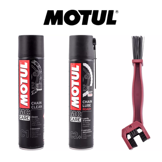 Kit d'entretien de chaîne Motul - nettoyant pour chaîne, spray lubrifiant pour chaîne + brosse pour chaîne